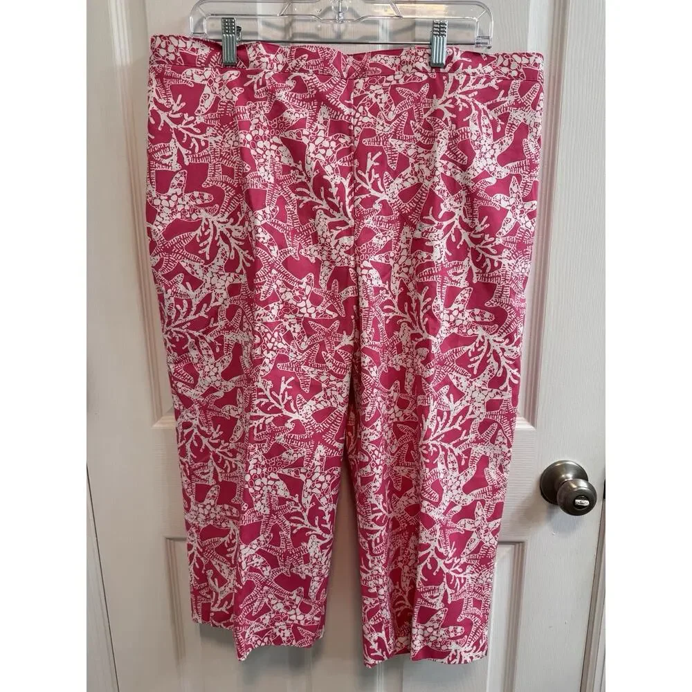 Alfred Dunner 18 Capri Pants Pink Starfish Print Pull On Stretch Flaw On Front